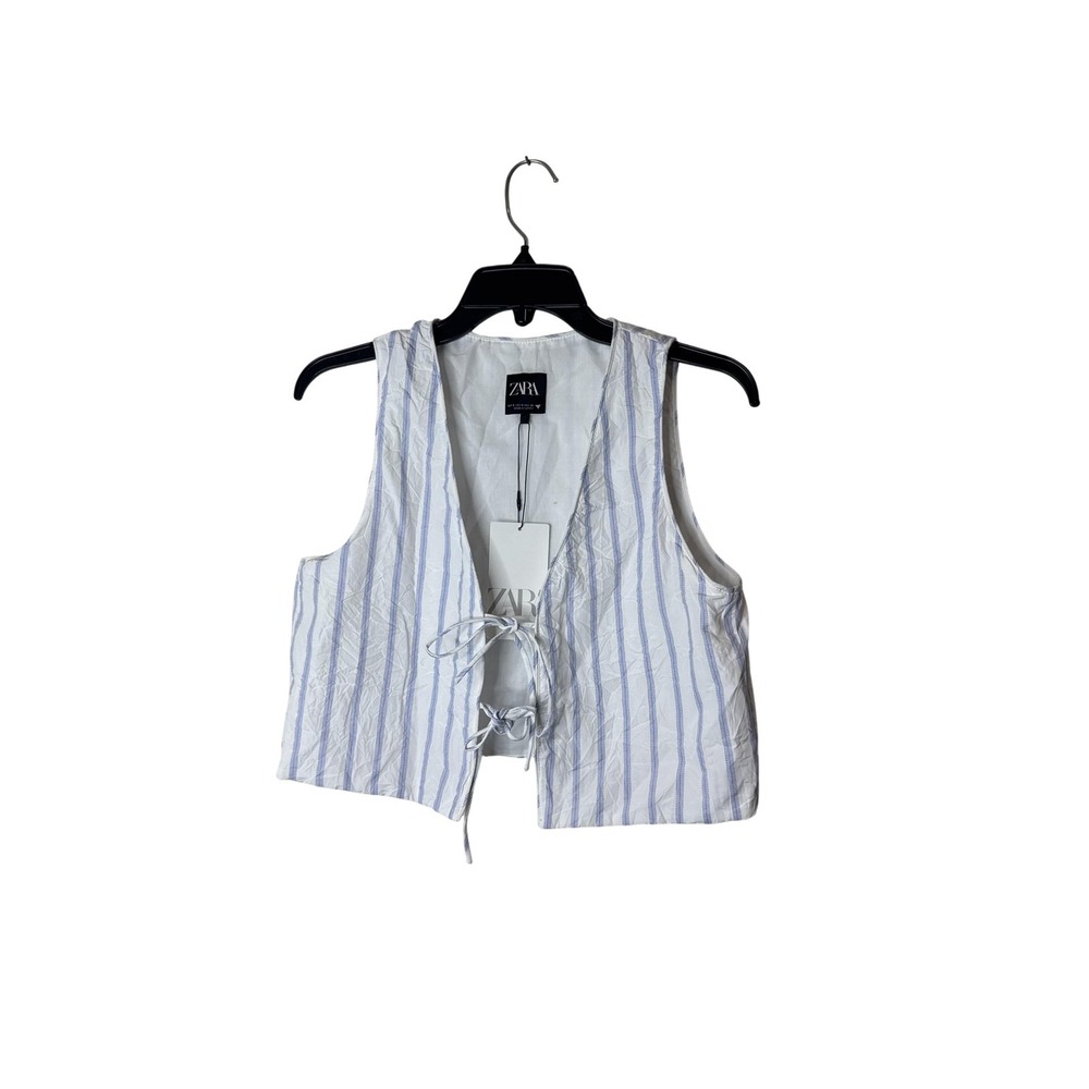 Zara Tank Top Womens Small White Blue Stripe V Neck Tie Front Cropped Vest
